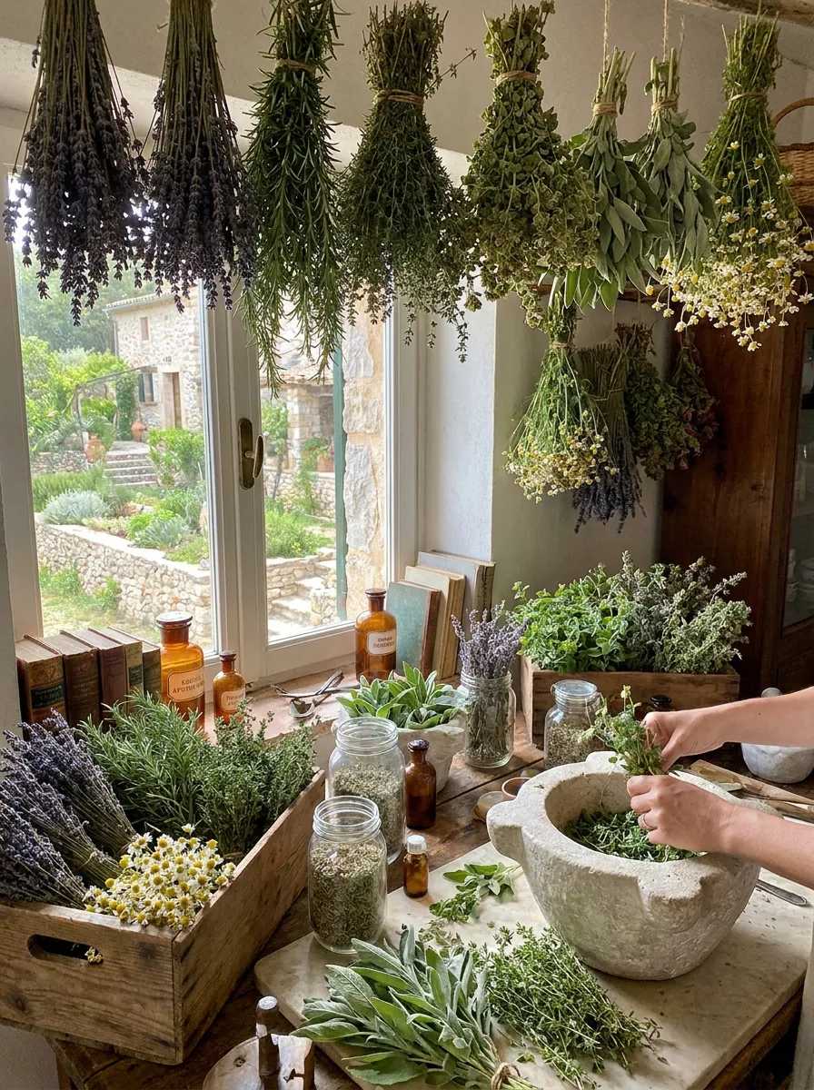 Km0 Mediterranean herbs — lavender, rosemary, thyme, sage and chamomile — prepared in the EkkoFarm pantry, Bétera, near Valencia