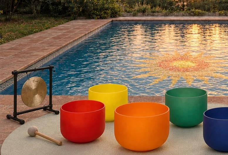 Juego de cuencos de cuarzo de colores con gong y campanas junto a la piscina en EkkoFarm, Bétera, Valencia