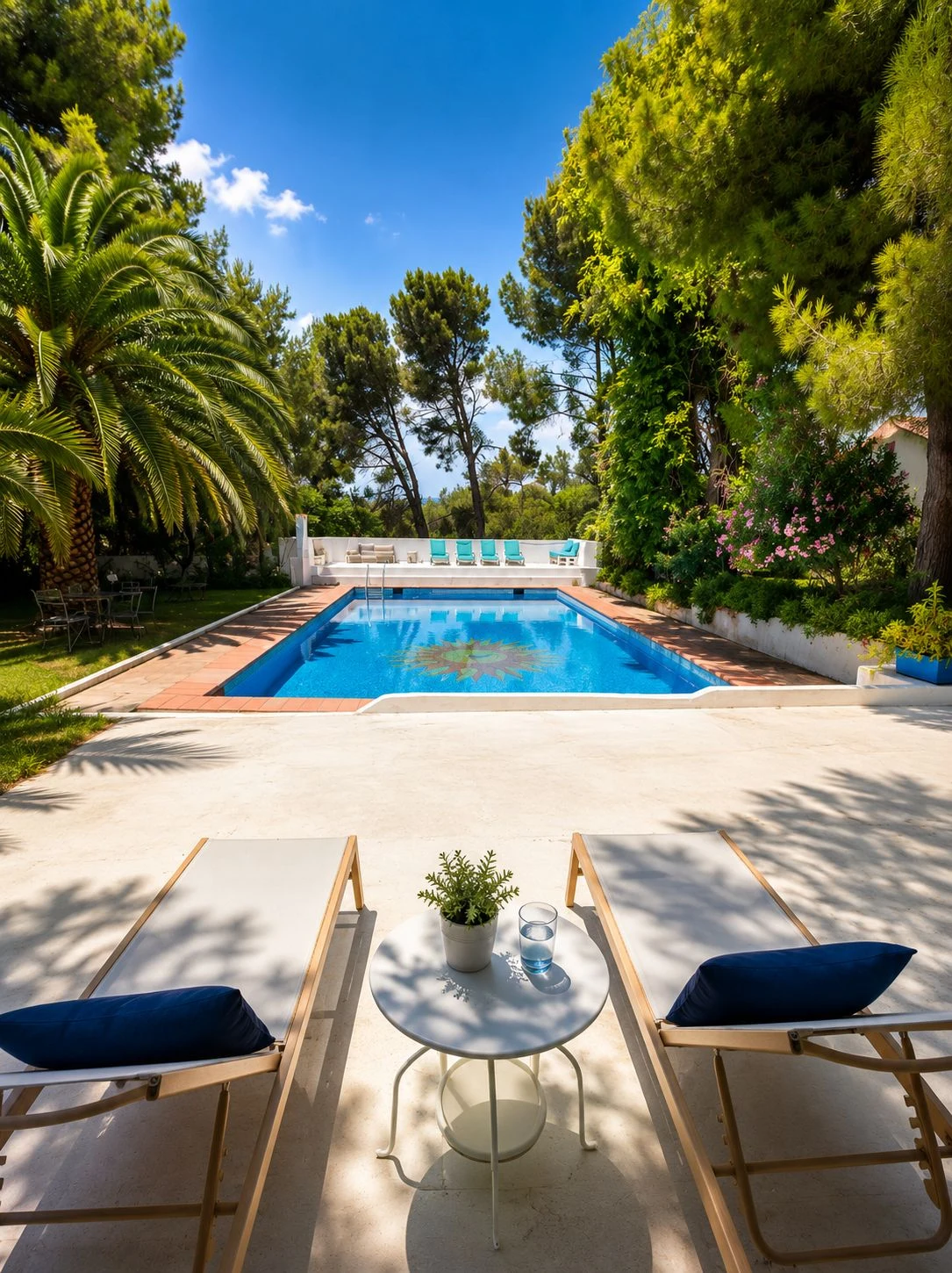 Piscina con mosaico de sol rodeada de palmeras y pinos, donde se celebra el baño de sonido flotante en EkkoFarm, finca ecológica en Bétera, Valencia