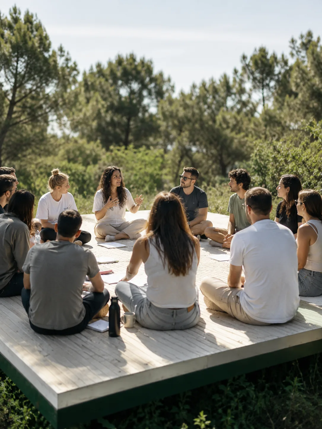 Small group gathered in a circle at EkkoFarm, Bétera, Valencia