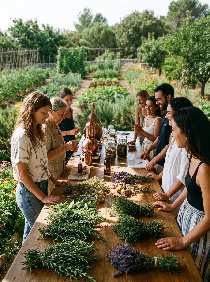 Group at an outdoor herbal workshop table at EkkoFarm organic farm near Valencia