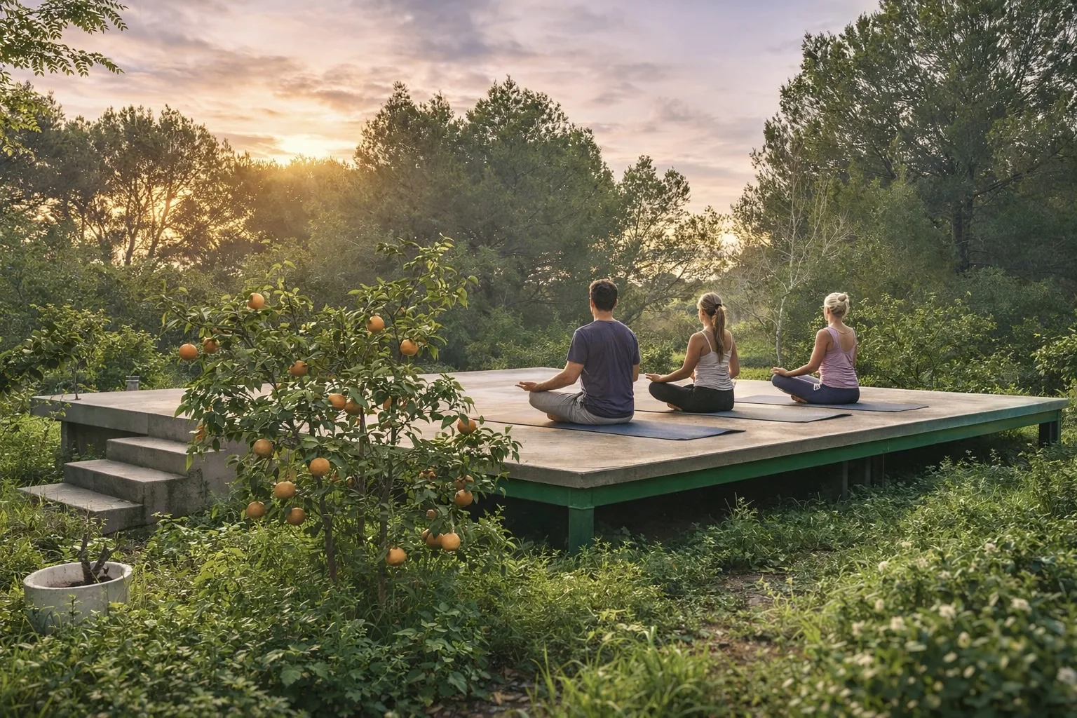 Sunset yoga and wellness experience at EkkoFarm organic farm near Valencia