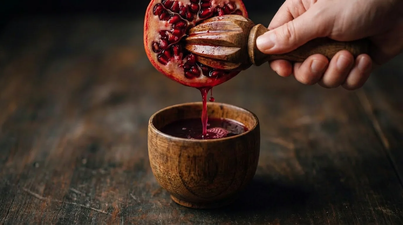 Freshly pressed organic pomegranate juice at EkkoFarm certified farm in Valencia
