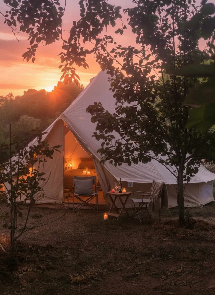 Glamping tent glowing at sunset at EkkoFarm organic farm near Valencia