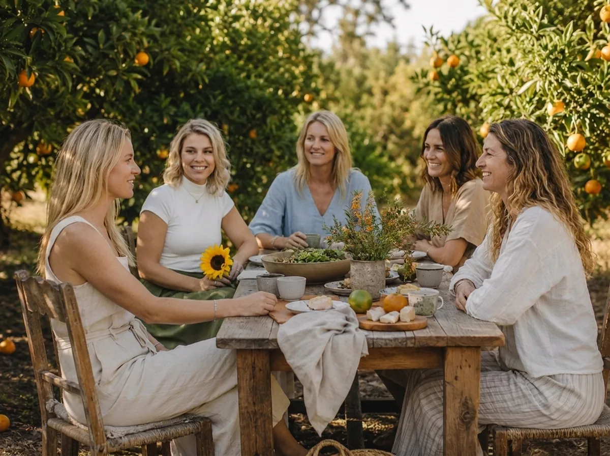 Women gathered at an orchard table among orange trees at EkkoFarm in Bétera, Valencia