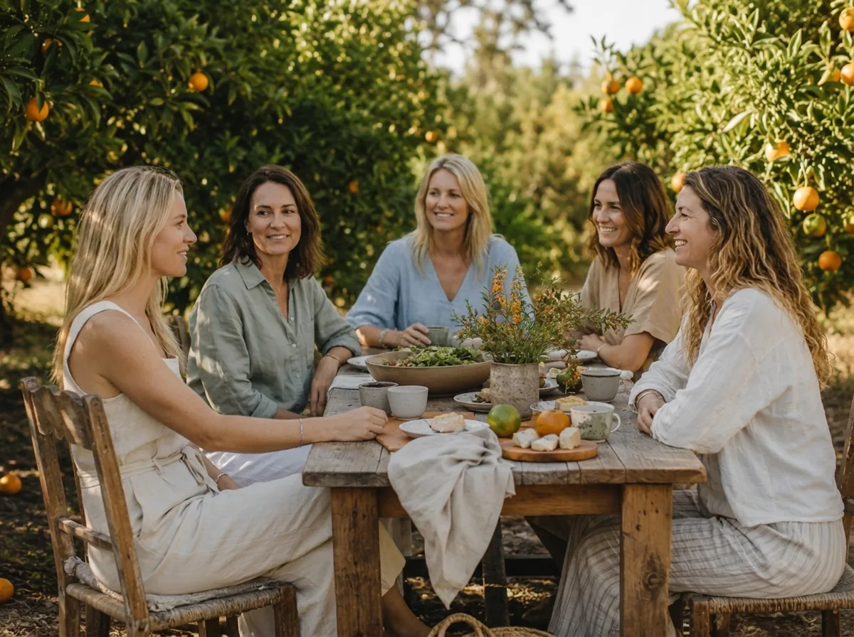 Grupo de mujeres reunidas en torno a la mesa de madera entre los naranjos durante el Nature Reset Day en EkkoFarm, Bétera, Valencia